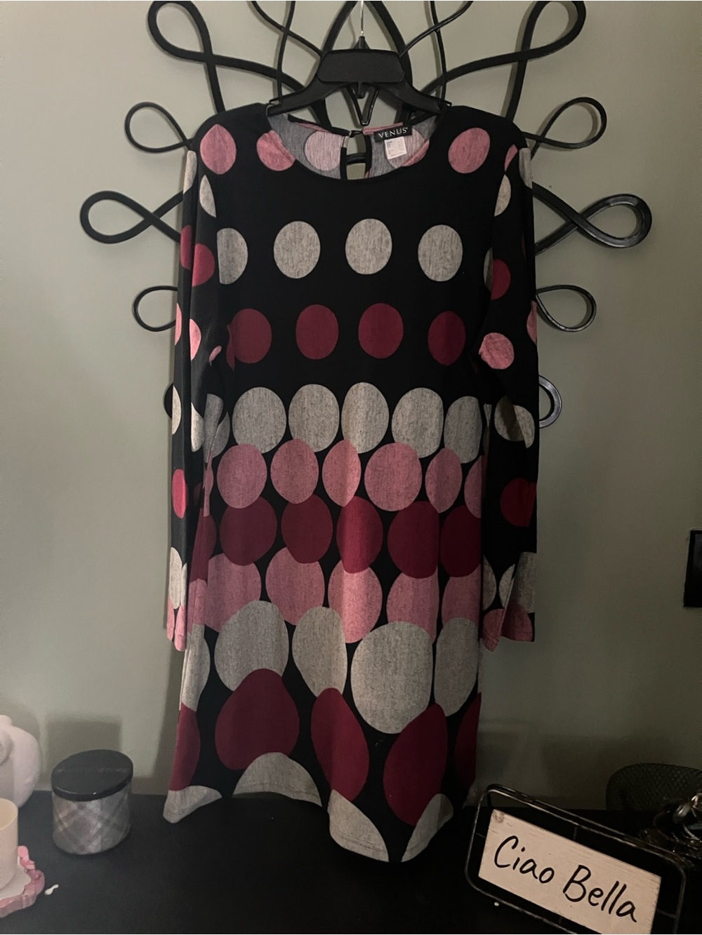 VENUS Black Long-Sleeve Dress with Pink, Burgundy and Gray Polka Dots